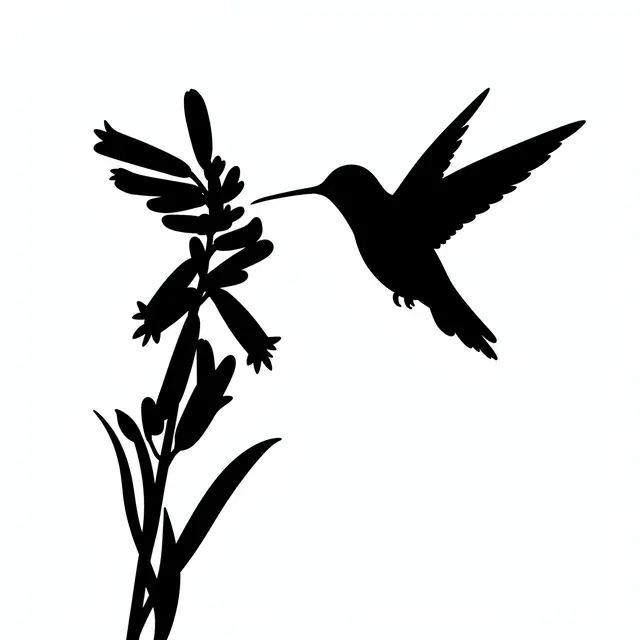 Solid black silhouette of a hovering hummingbird next to a tubular flower on a plain white background