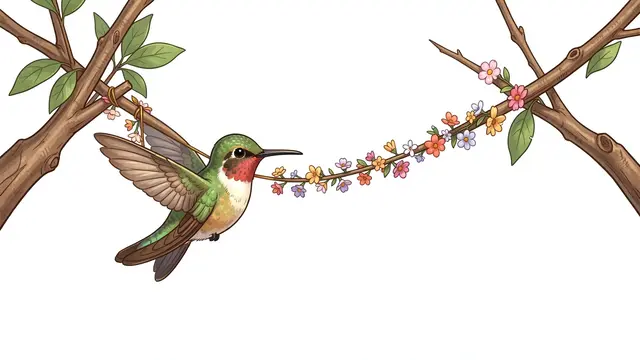 Cute illustrated hummingbird holds a tiny flower garland strung between two tree branches against a plain white background
