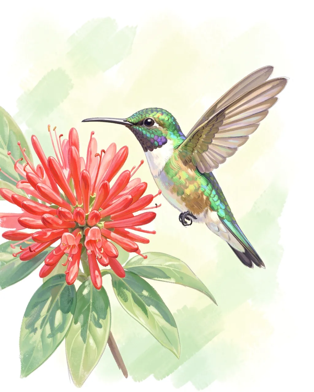 A soft pastel drawn iridescent hummingbird hovers next to a bright red honeysuckle flower with green leaves.
