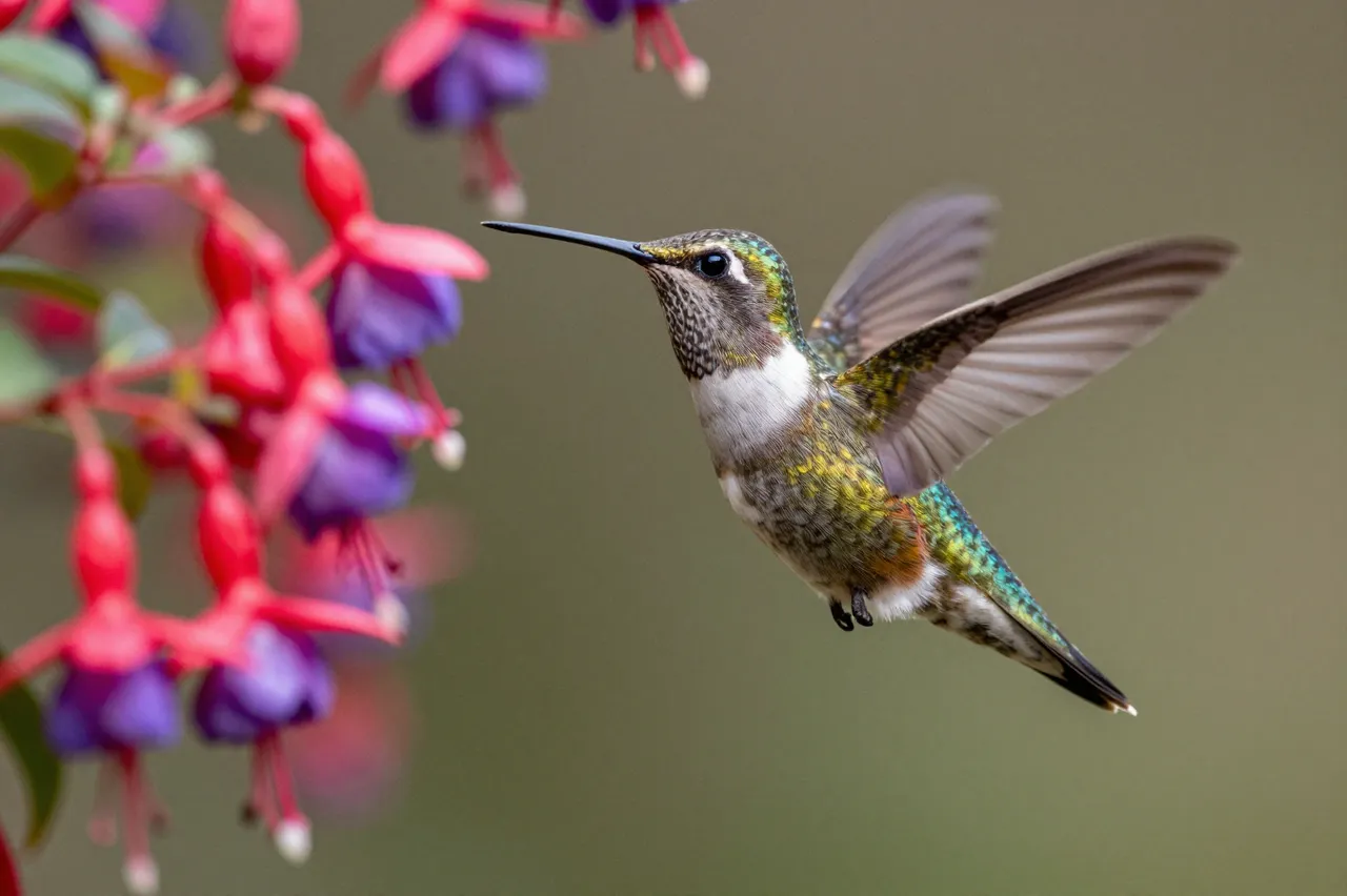 Iridescent hummingbird hovers with spread wings beside dangling fuchsia flowers against a soft blurred background