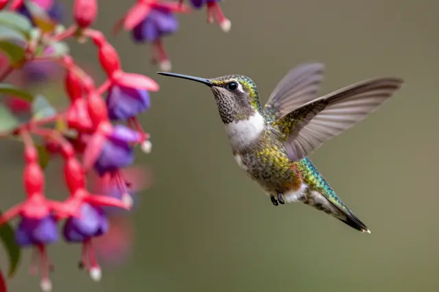 Iridescent hummingbird hovers with spread wings beside dangling fuchsia flowers against a soft blurred background