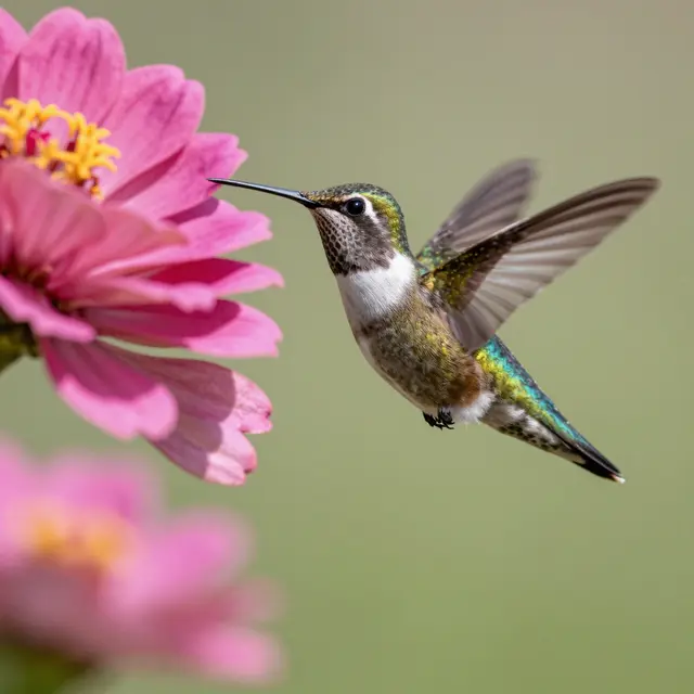 A hummingbird hovers with spread wings beside a sharp pink zinnia flower against soft green out-of-focus background