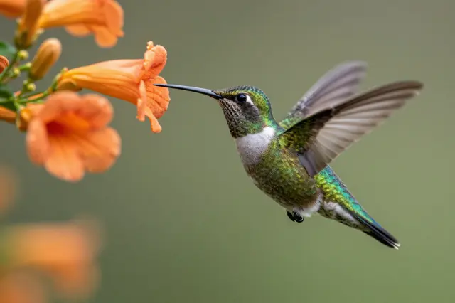 A green hummingbird hovers mid-flight beside bright orange trumpet flowers with a soft blurred green background.