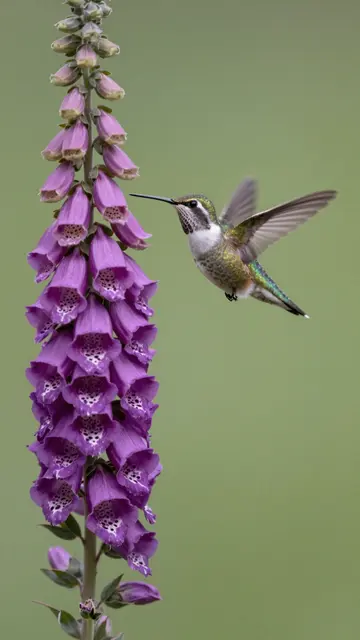 A hummingbird in flight hovers beside a tall purple foxglove spike against soft blurred green foliage.