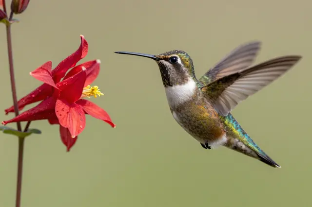A hovering hummingbird with blurred wings positioned beside an open red columbine bloom.