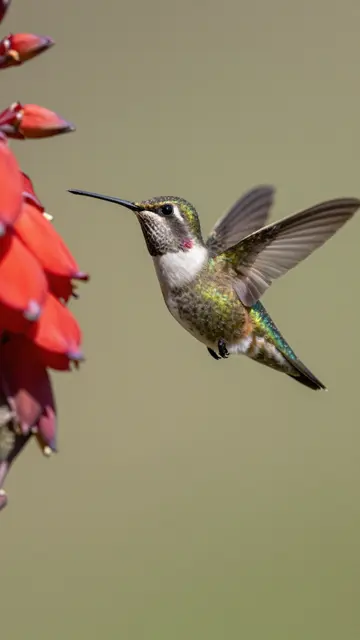 A hovering iridescent hummingbird flies beside bright red tubular flower blooms against a soft blurred background.