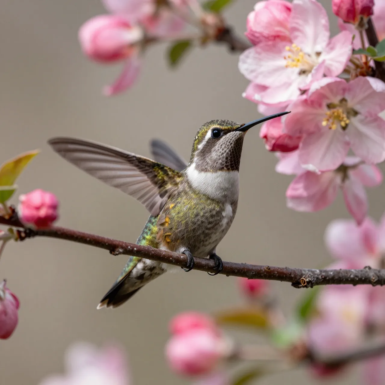A hummingbird perches on a flowering apple branch with pink spring blossoms and soft blurred background.