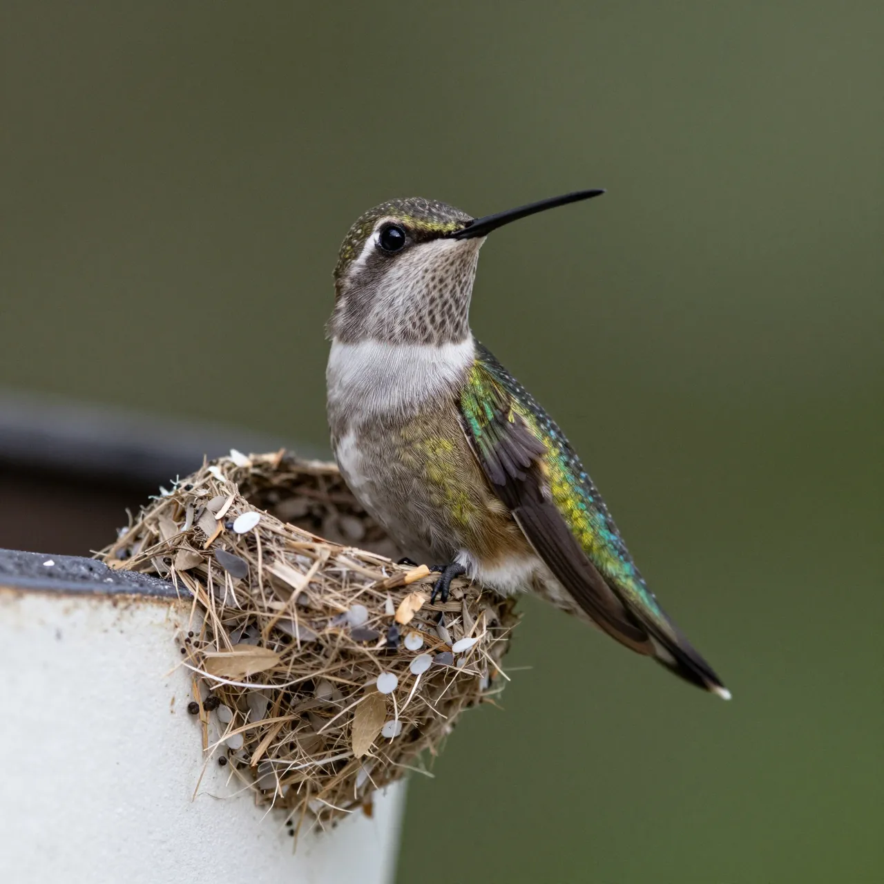 Iridescent hummingbird perches on its small twig nest attached to a white planter edge