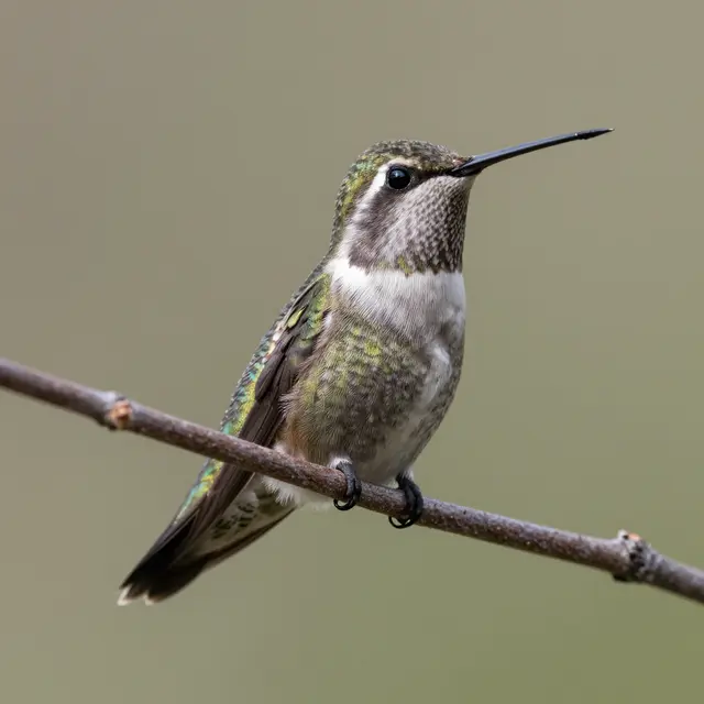 A close-up of a hummingbird with iridescent green plumage perched upright on a thin brown branch against a soft blurred