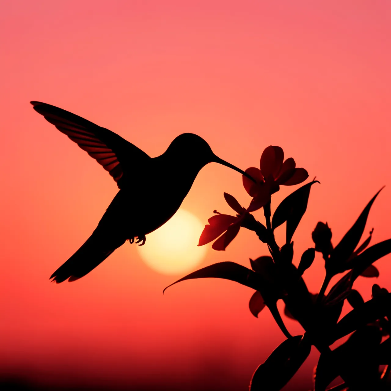 Black hummingbird silhouette feeding at flower against bright coral sunset sky with low sun