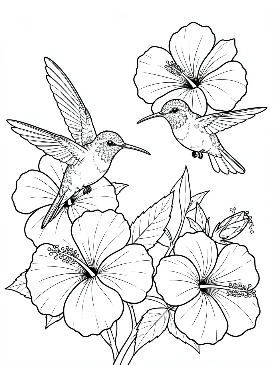 Black and white line art of two hovering hummingbirds surrounded by hibiscus flowers on a plain white background