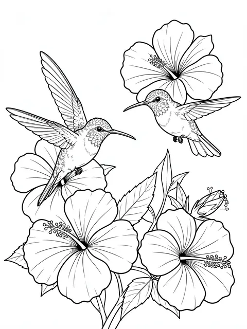 Black and white line art of two hovering hummingbirds surrounded by hibiscus flowers on a plain white background