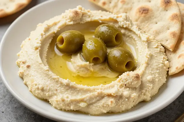 Close-up of a white plate holding creamy hummus topped with green olives, olive oil, and flatbread pita slices.