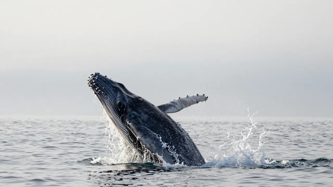 A humpback whale breaches out of calm pale ocean water under a hazy misty morning sky
