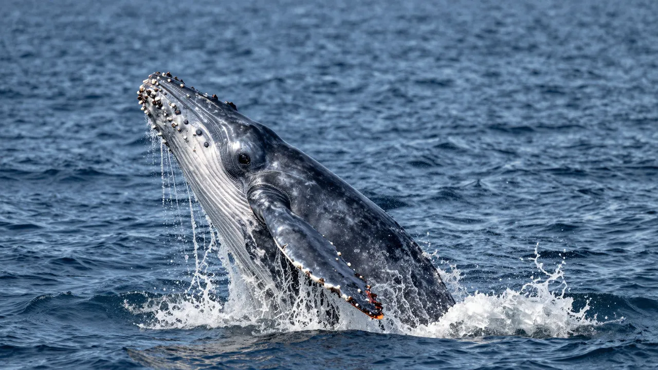 A humpback whale emerges vertically from deep blue ocean water with splashing waves.