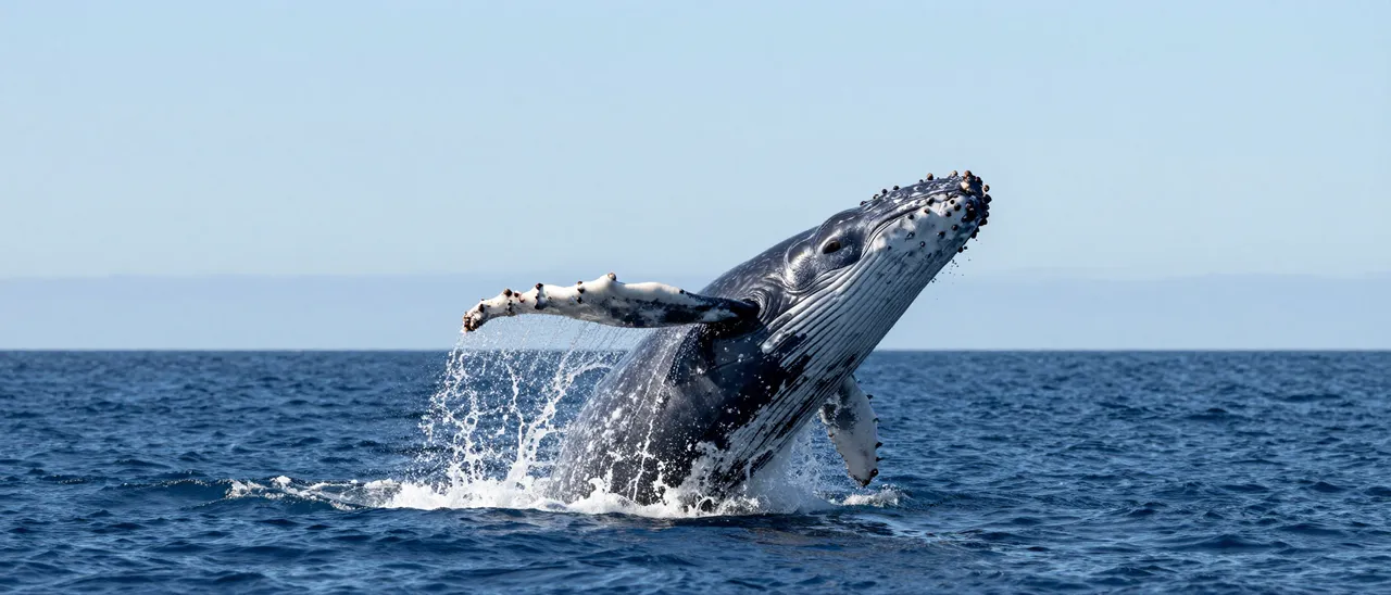 A humpback whale partially breaches from deep blue ocean water under a clear pale blue sky.