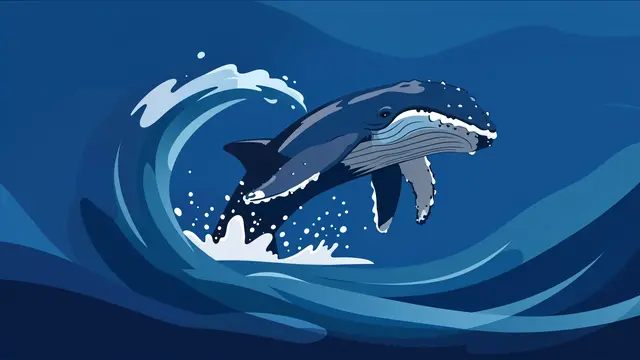 A humpback whale leaps out of the ocean beside a curling stylized wave in a deep blue palette flat vector illustration.