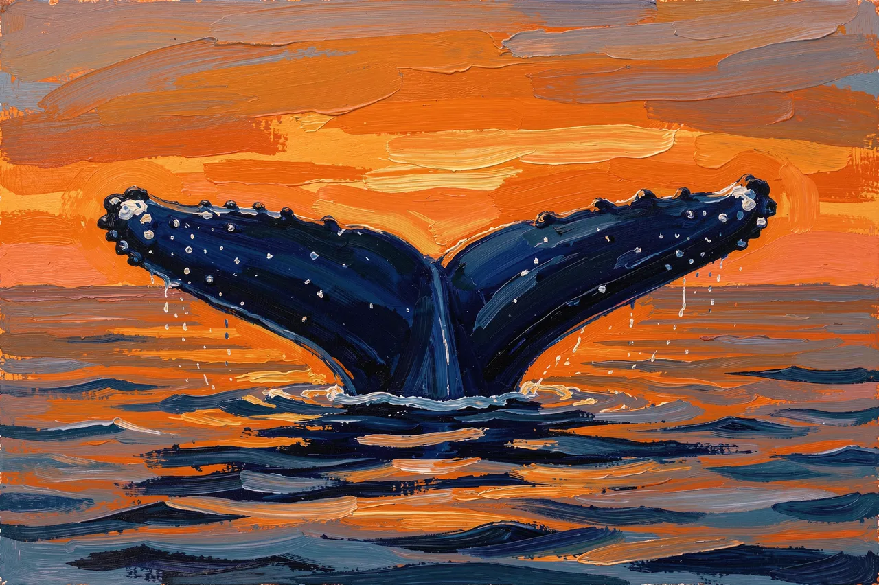Thick impasto oil painting of a humpback whale tail fluke rising above calm sea at orange sunset