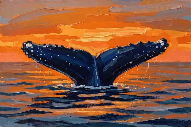 Thick impasto oil painting of a humpback whale tail fluke rising above calm sea at orange sunset