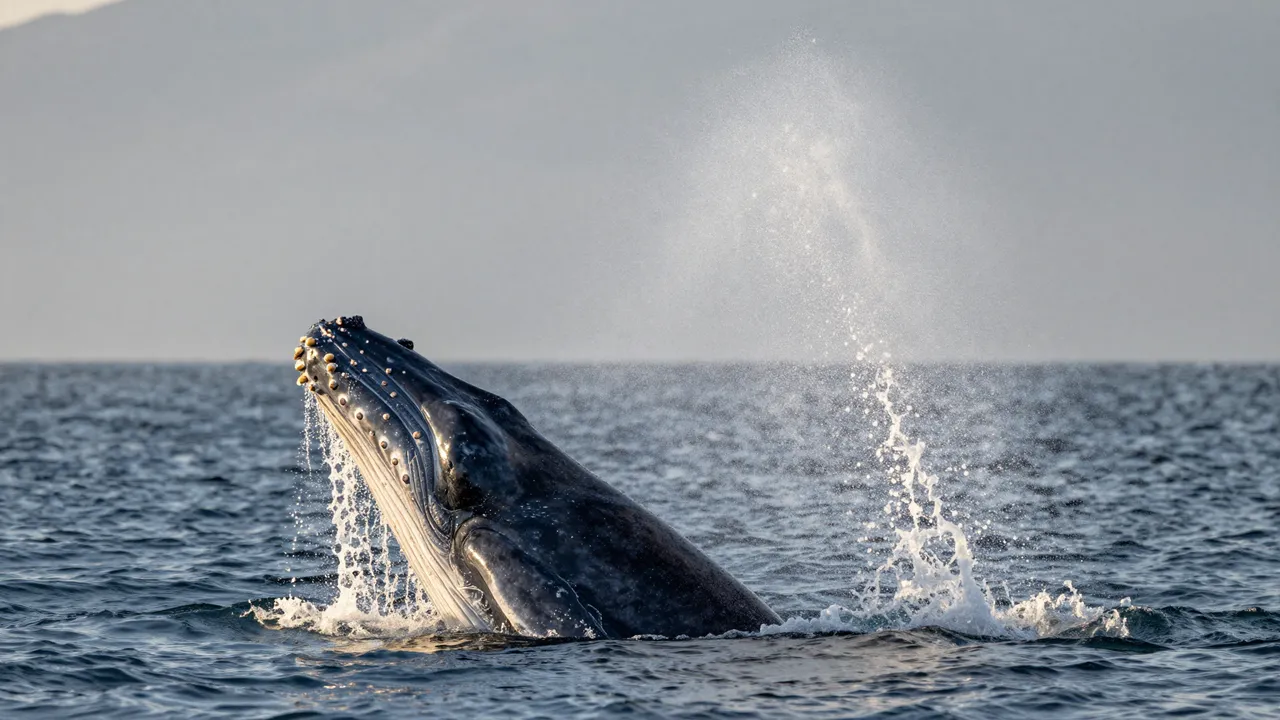 A humpback whale rises from the ocean, spouting water against a hazy sunrise coastal backdrop