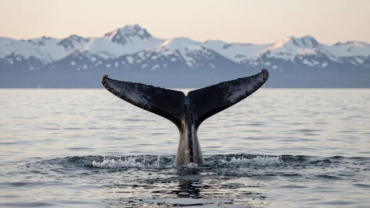A humpback whale fluke rises from calm gray sea with distant snow-capped mountains at dawn