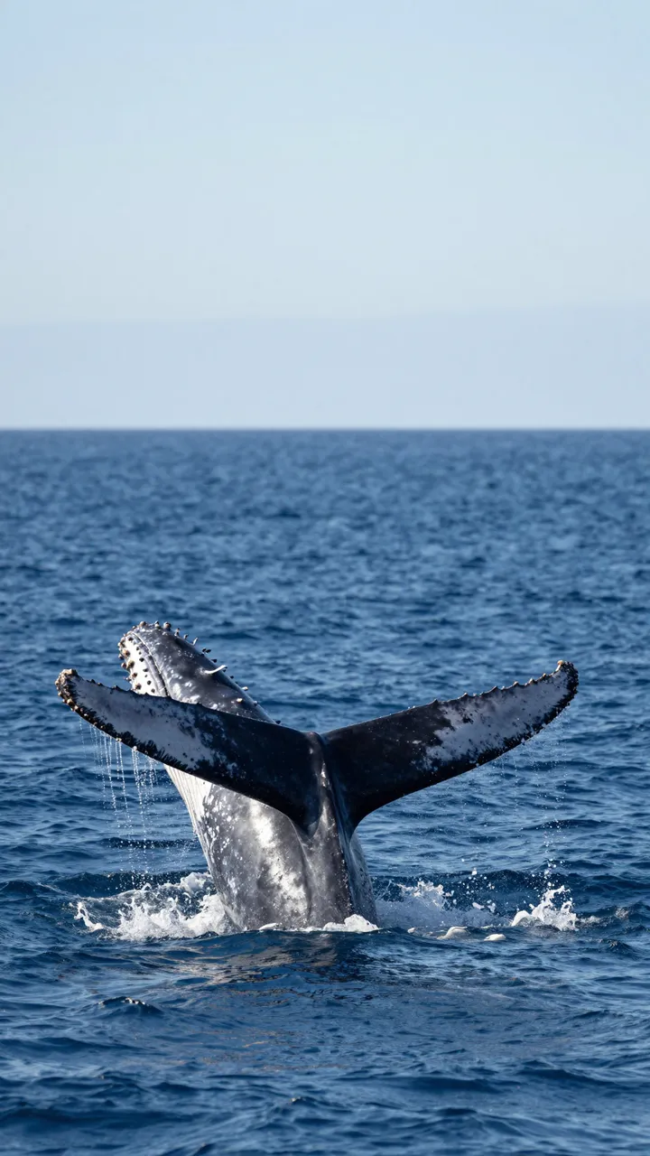 A humpback whale lifts its fluke and pectoral fin vertically out of a deep blue ocean beneath a pale sky.