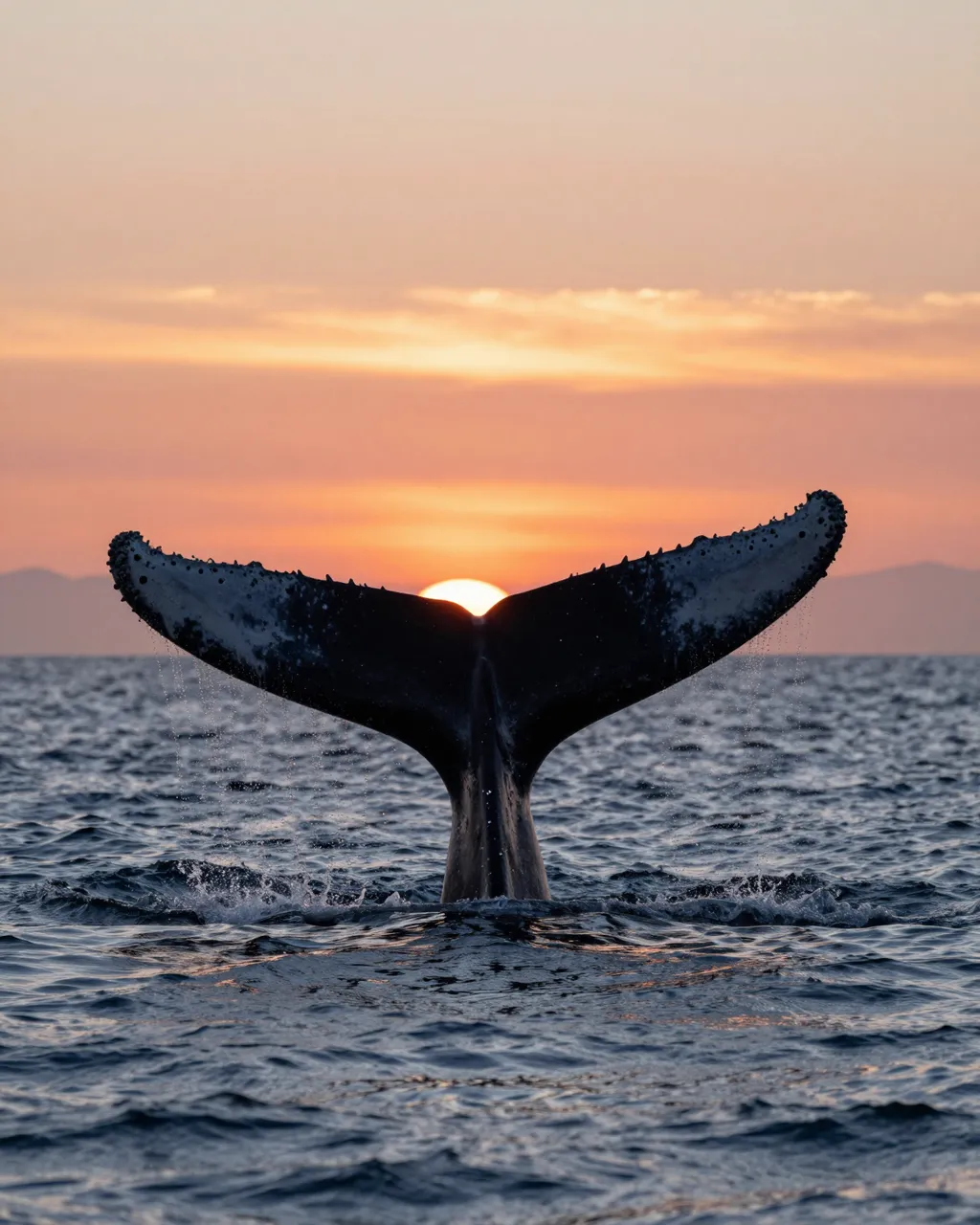 A humpback whale fluke rises above dark ocean water as the sun sets behind it