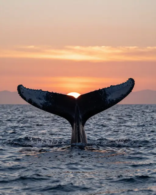 A humpback whale fluke rises above dark ocean water as the sun sets behind it