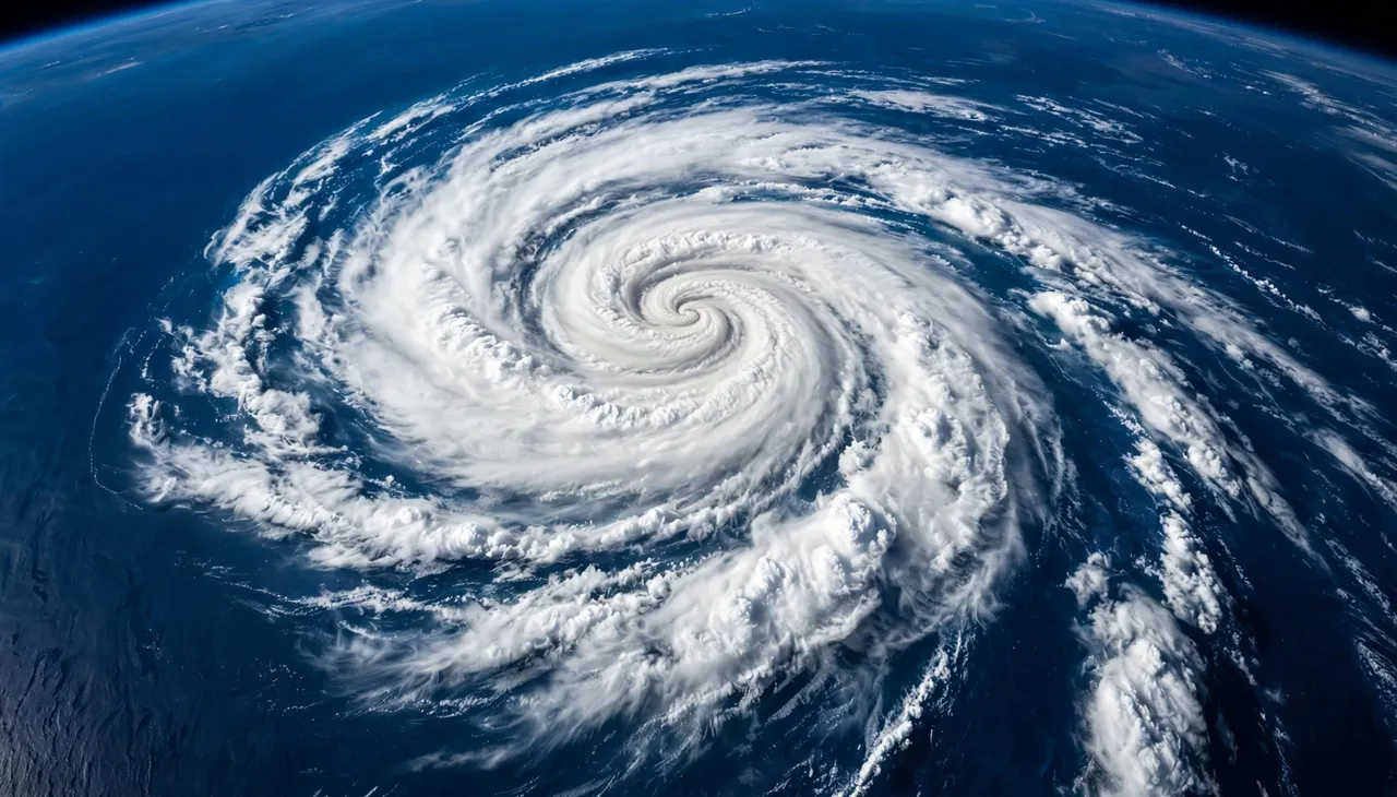 Top-down satellite view of a tight spiral hurricane swirling over deep blue ocean from orbit