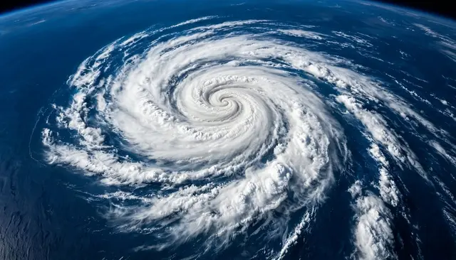 Top-down satellite view of a tight spiral hurricane swirling over deep blue ocean from orbit