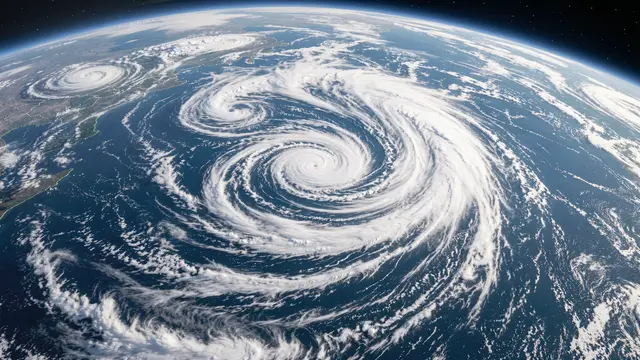 Spiraling hurricane cloud systems swirl over the blue Earth ocean viewed from outer space