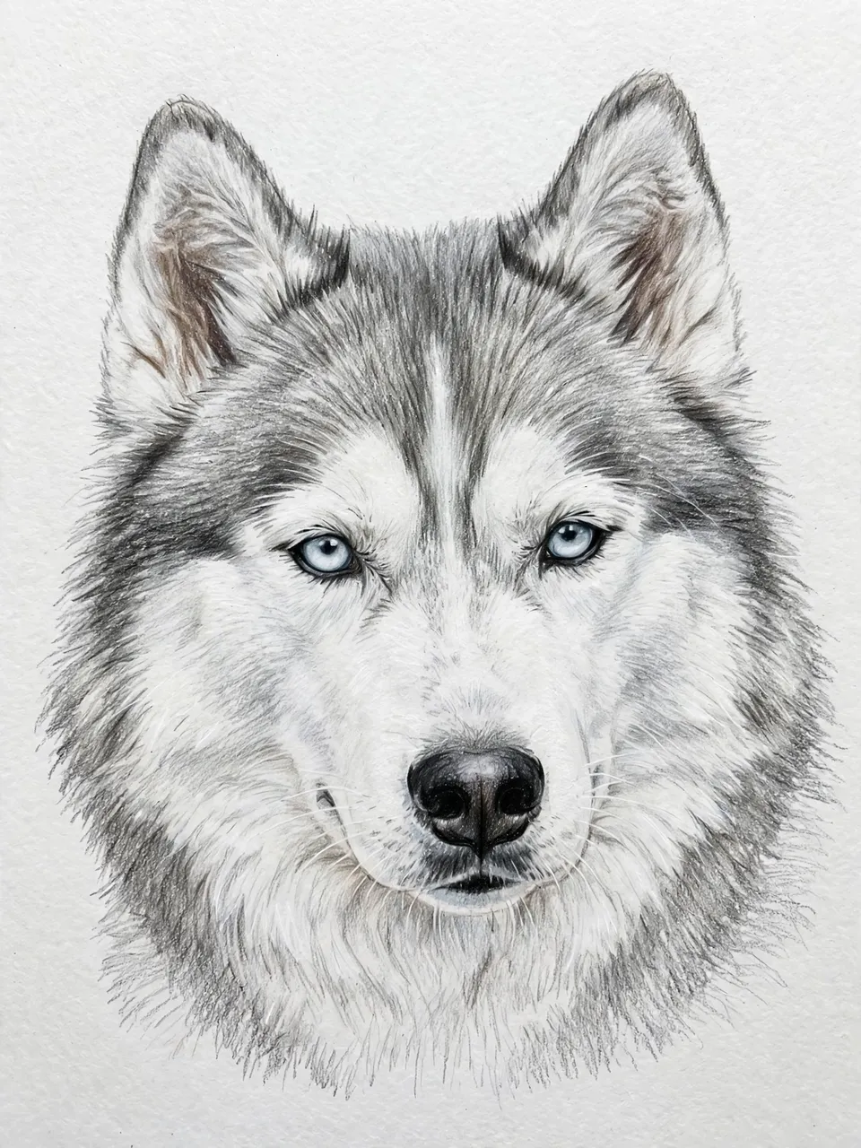Detailed colored pencil portrait of a husky with pale blue eyes and gray and white fur on textured white paper