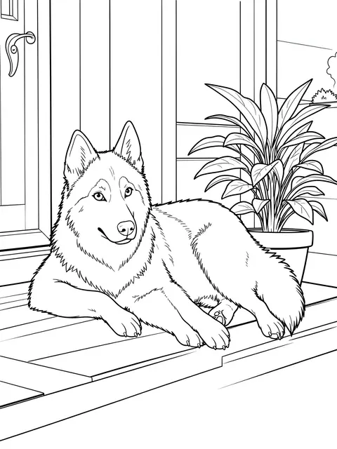 Black and white line art of a husky lying on a porch step beside a potted houseplant