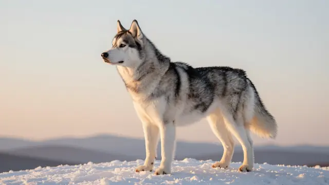 Side view of a gray and white Siberian Husky standing on a snowy ridge lit by warm sunset light