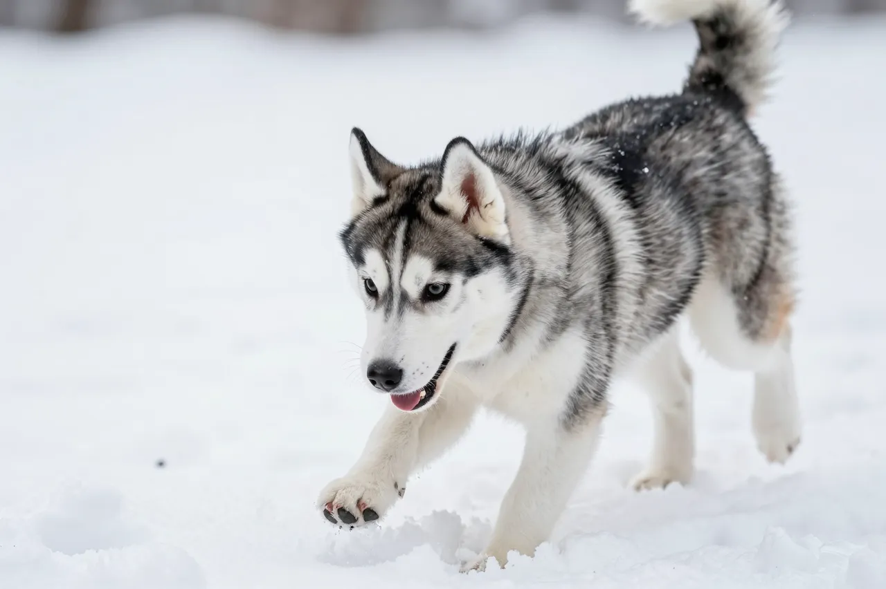 A young siberian husky moves playfully across fresh white snow in an open winter landscape