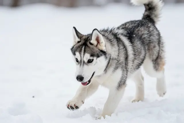 A young siberian husky moves playfully across fresh white snow in an open winter landscape