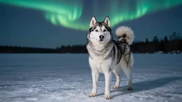 A siberian husky stands on frozen lake ice beneath swirling green northern lights