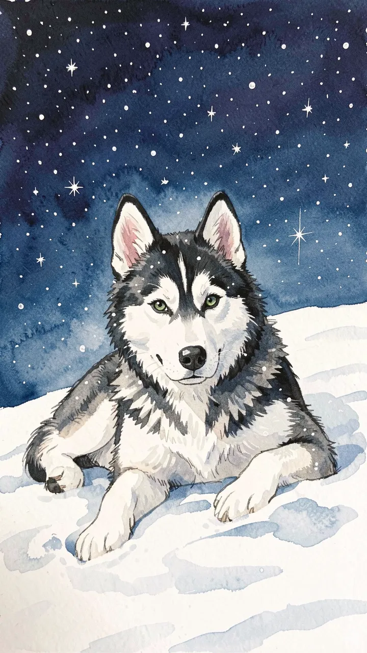 A Siberian Husky lies in snow beneath a starry dark night sky in a gouache illustration