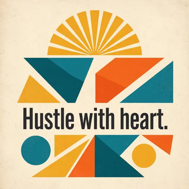Mid-century modern geometric poster with teal, orange and mustard shapes and bold text reading "Hustle with heart."