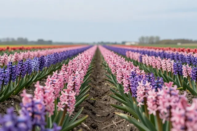 Straight rows of pink and purple hyacinths stretch across a spring flower field under a soft pale sky