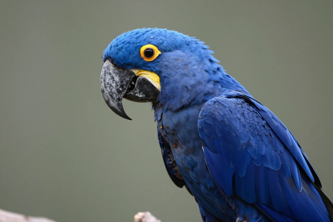 A close-up portrait of a vibrant deep blue hyacinth macaw against a soft out-of-focus green background