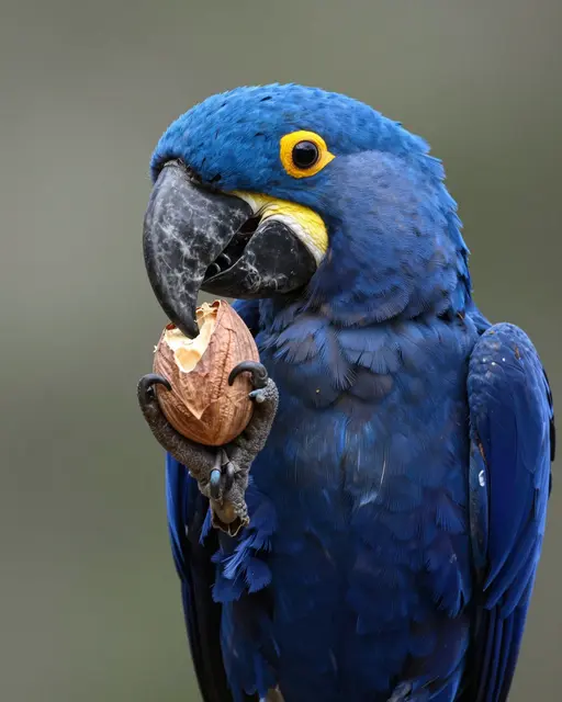A deep blue hyacinth macaw holds and cracks an opened palm nut with its large dark beak.
