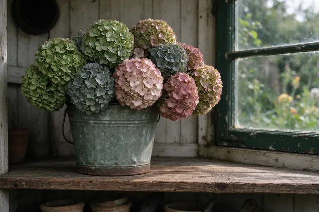 Vintage galvanized bucket filled with green and dusty pink hydrangeas sits on a weathered potting shed shelf beside a window.