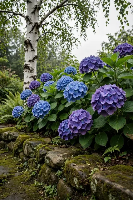 Blue and purple hydrangea blooms grow along a mossy stone edge beneath a white birch on an overcast day.