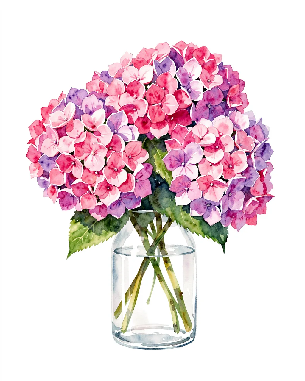 Watercolor illustration of pink and purple hydrangea blooms in a clear glass vase against a plain white background