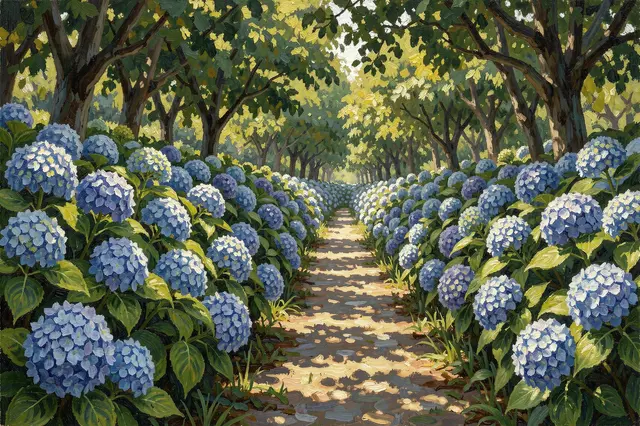 Impressionist oil painting of a sun dappled garden path flanked by blue hydrangeas and shaded trees