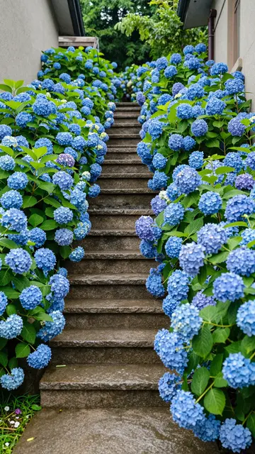 Wet stone staircase flanked by dense blue hydrangeas between two buildings in early summer rain.