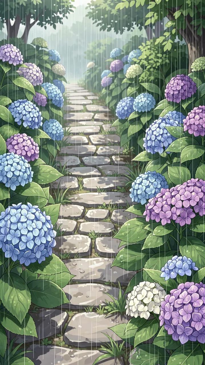 Anime style illustration of blue and purple hydrangeas lining a damp stone path during soft rainfall