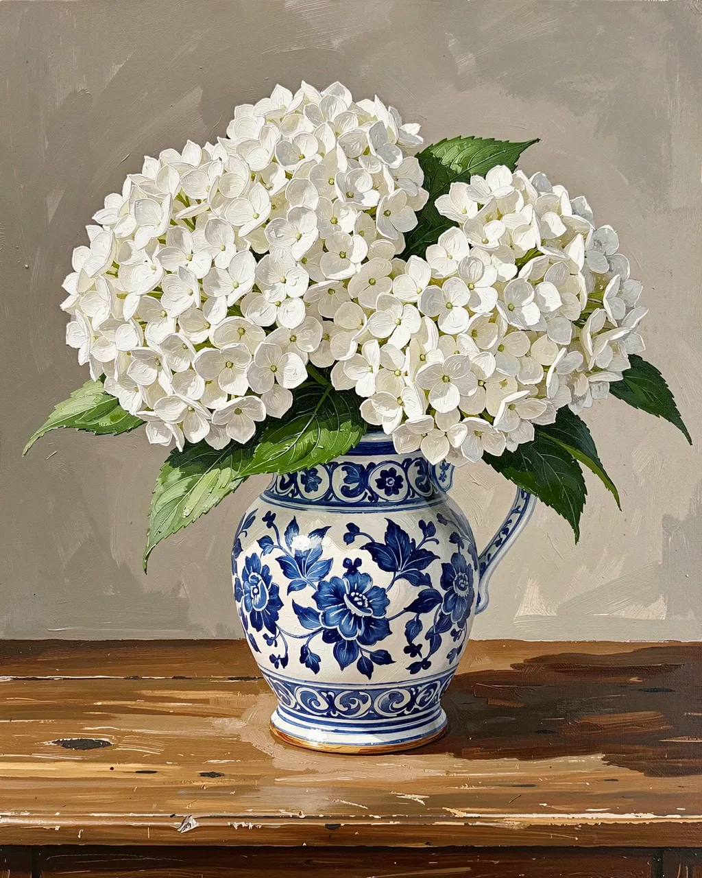 A gouache still life of full white hydrangea blooms in a blue and white porcelain jug set on a wooden table