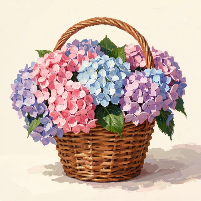Oil painting of pink, blue and purple hydrangeas spilling from a woven wicker basket against a pale cream background